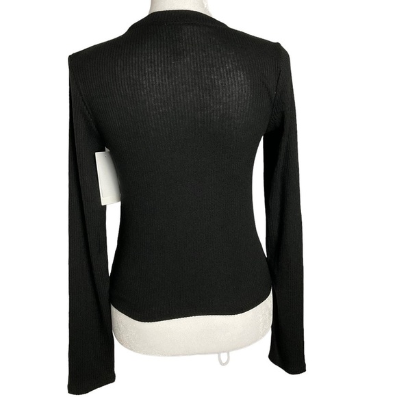 🎉 SALE NORDSTROM Black Ribbed Button Down Long Sleeve Knit Top - Picture 2 of 5
